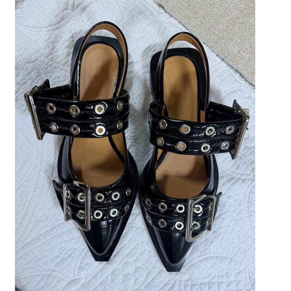 Ganni NWOT Women Black 7 Patent Leather Ballerina Slingback Pointed Toe Sandals - Picture 6 of 9